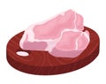 Raw pork chops on cutting board, fresh uncooked meat, butcher's product, vector illustration. Butchery, nutritious