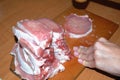 Raw pork chops on the cutting board, kitchen hammer and female hands. Process of cooking