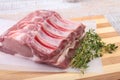 Raw pork chops, spices and rosemary on cutting board. Ready for cooking. Royalty Free Stock Photo