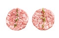 Raw pork cutlets, ground meat patty Isolated on white background. Top view.