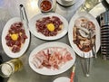 Raw pork with egg, bacon, and raw pork offal for a hot pot meal Royalty Free Stock Photo