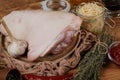 Raw pork knuckle and sauerkraut. Ready for cooking. Authentic lifestyle image. Oktovber recipe for festival