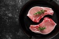 Raw Pork Loin chops in rustic skillet, pan with rosemary. top view. background Royalty Free Stock Photo