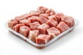 Raw pork meat cubes arranged in a clear plastic tray, ready for cooking or freezing Royalty Free Stock Photo