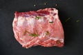 Raw pork meat / Fresh steak ready for grill with spices rosemary on black background Royalty Free Stock Photo