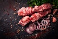 Raw pork meat , pickled kebab, with spices, top view, no people,