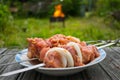 Raw pork meat for shish kebab on skewers. Preparing for a picnic with a bonfire in the background. Soft focus, selected focus