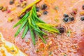 Raw Pork meat with spices and green rosemary herb. Red meat texture background, Raw ham. Macro photo. Fat Fresh juicy steak Royalty Free Stock Photo