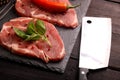 Raw pork meat steak with vegetables, peppers, tomato, salt, rosemary and spices cooking over stone table. Top view