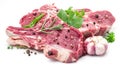 Raw pork meat steaks with spices. Royalty Free Stock Photo