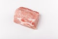 Raw pork meat on white background. Whole piece of meat. Flat lay, top view