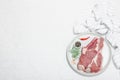 Raw pork neck meat. Chop steak, red peppercorn, garlic cloves, sea salt and fresh rosemary Royalty Free Stock Photo