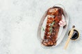 Raw pork ribs in a marinade with spices on a baking tray. Royalty Free Stock Photo