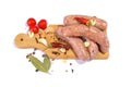 Raw pork sausages.Grilled sausages in close-up, isolated on a white background.Selective focus Royalty Free Stock Photo