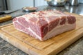 Raw Pork Shoulder Square Cut on Kitchen Cutting Board Royalty Free Stock Photo