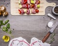 Raw pork on a skewer bell peppers, onions, tomatoes and spices, with garlic sauce,tomato paste and dill seasoning, oil and bla Royalty Free Stock Photo