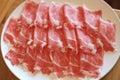 Raw pork sliced in white dish for shabushabu, Japanese recipe