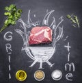 Raw pork steak on a chalkboard painted with a burning grill with herbs and spices, oil and inscription