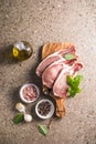 Raw pork  steaks with spices, herbs on cutting  board. Fresh meat. Top view copy space Royalty Free Stock Photo