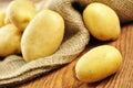 Raw potatoes in jute sack, selective focus