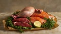 Raw Meats Platter Chicken, Beef Steak, Salmon Fillet. Dieting Concept Royalty Free Stock Photo