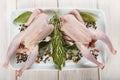 Raw poussin with herbs and spices