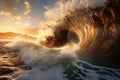 Raw Power: Majestic Waves Colliding at Golden Hour Royalty Free Stock Photo