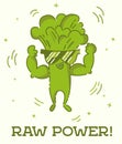 Raw power poster. Broccoli man. Cute kawaii cartoon person. Flat line design. Healthy vegan food character in sunglasses. Natural Royalty Free Stock Photo