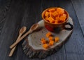 Raw pumpkin cut cubes in a Royalty Free Stock Photo