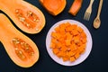 Raw pumpkin slices cut into cubes on a plate for cooking Royalty Free Stock Photo