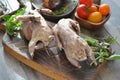 Raw quail or woodcock with herbs. Partridge, prepare Royalty Free Stock Photo