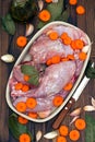 Raw rabbit with carrot on dish Royalty Free Stock Photo