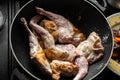Raw rabbit with spices in a pan. Cooking stewed rabbit Royalty Free Stock Photo