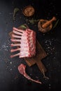 Raw rack of lamb with spices on a cutting board Royalty Free Stock Photo