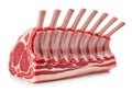 A raw rack of lamb with visible marbling and bone structure isolated on white background Royalty Free Stock Photo