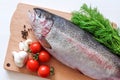 Raw rainbow trout on a cutting board with vegetables and spices Royalty Free Stock Photo