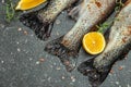 Raw rainbow trout with lemon, herbs and spices. Fish dish cooking with various ingredients, Healthy food or diet nutrition concept Royalty Free Stock Photo