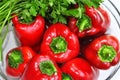 Raw red organic peppers with bunch of aromatic green spice parsley in a glass bowl Royalty Free Stock Photo