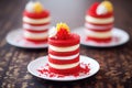 raw red velvet mini cakes with frosting swirls