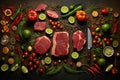 raw ribeye beef steak, herbs and spices on a dark table, top view.