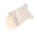 Raw rice in sack isolated on white, top view Royalty Free Stock Photo