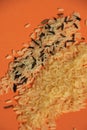 Two piles of different rice varieties on orange colored paper sheet healthy food background Royalty Free Stock Photo
