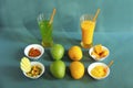 Raw and ripe alphonso mango and their by-products like pickle, mango shake, sweet and ice cream Royalty Free Stock Photo