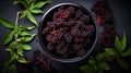 Raw ripe elderberry in a bowl standing on a dark table, top down view. generative ai