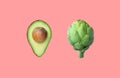 Raw ripe halved avocado with pit artichoke isolated on pink background. Creative food poster