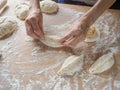 Raw pirozhki with cabbage in the cooking process. Royalty Free Stock Photo