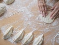 Raw pirozhki with cabbage in the cooking process. Royalty Free Stock Photo