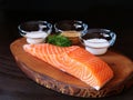Raw salmon filet for homemade gravlax preparation Royalty Free Stock Photo