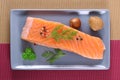 Raw salmon fillet ,raw fish, pepper and aromatic herb