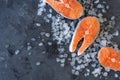 Raw salmon fillets on ice cubes. Royalty Free Stock Photo